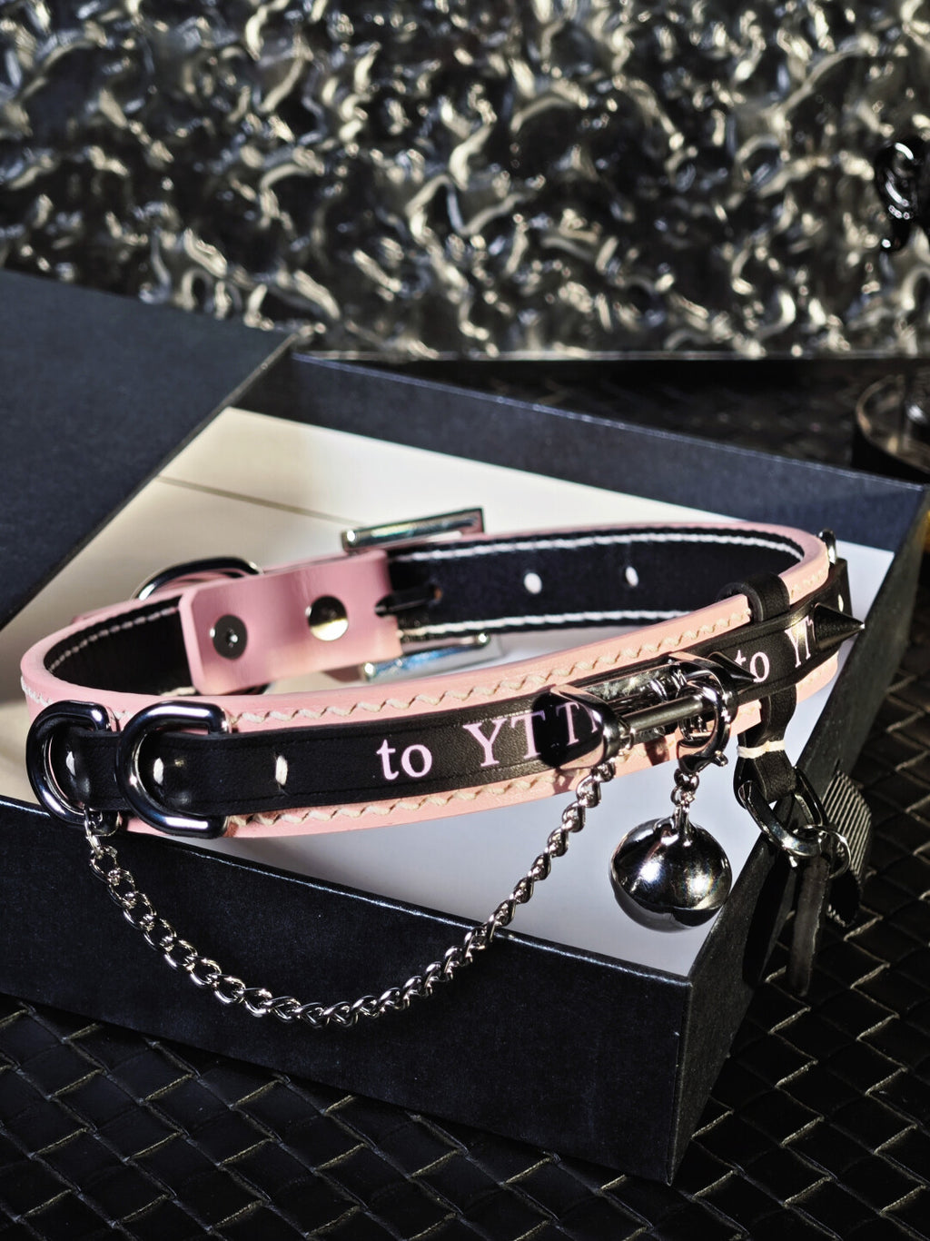 Custom Text Puppy Choker - Pink & Black Genuine Leather Collar with Bell, Spikes & Chain | Pastel Goth Pet Play Necklace