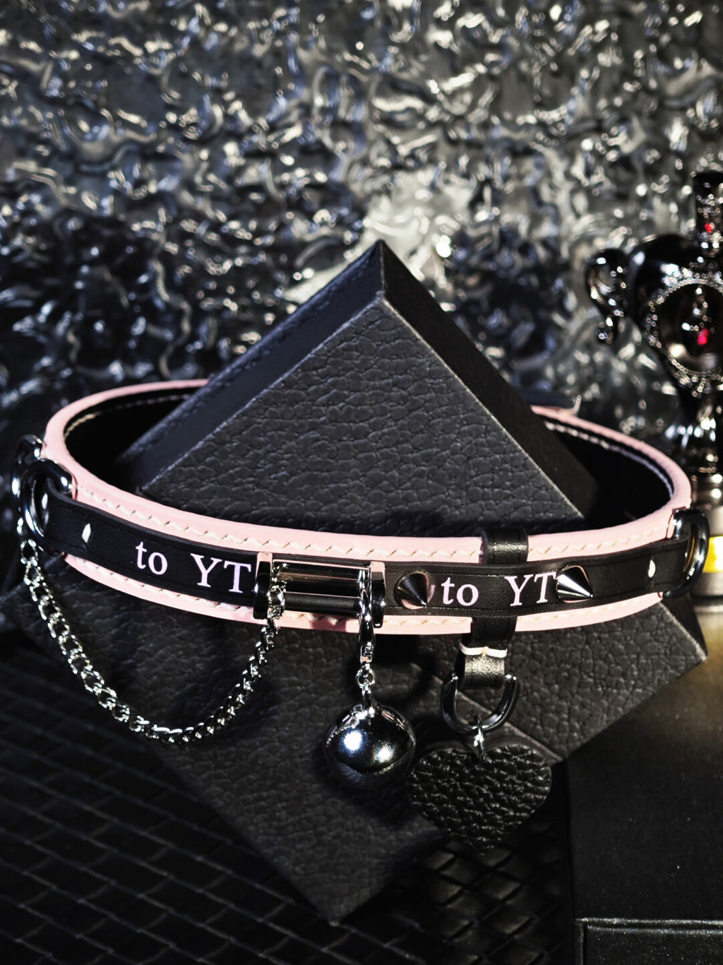 Custom Text Puppy Choker - Pink & Black Genuine Leather Collar with Bell, Spikes & Chain | Pastel Goth Pet Play Necklace