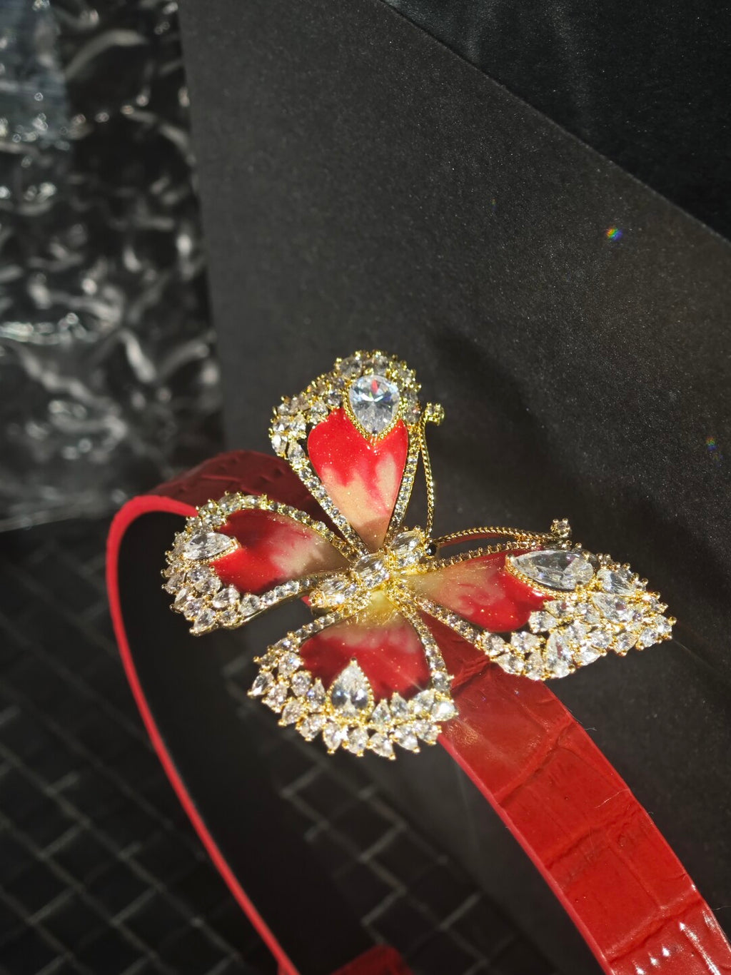 Handmade Red Leather "Crimson Monarch" Crystal Butterfly Choker - Luxury Crocodile-Embossed Collar (Romantic Gift)