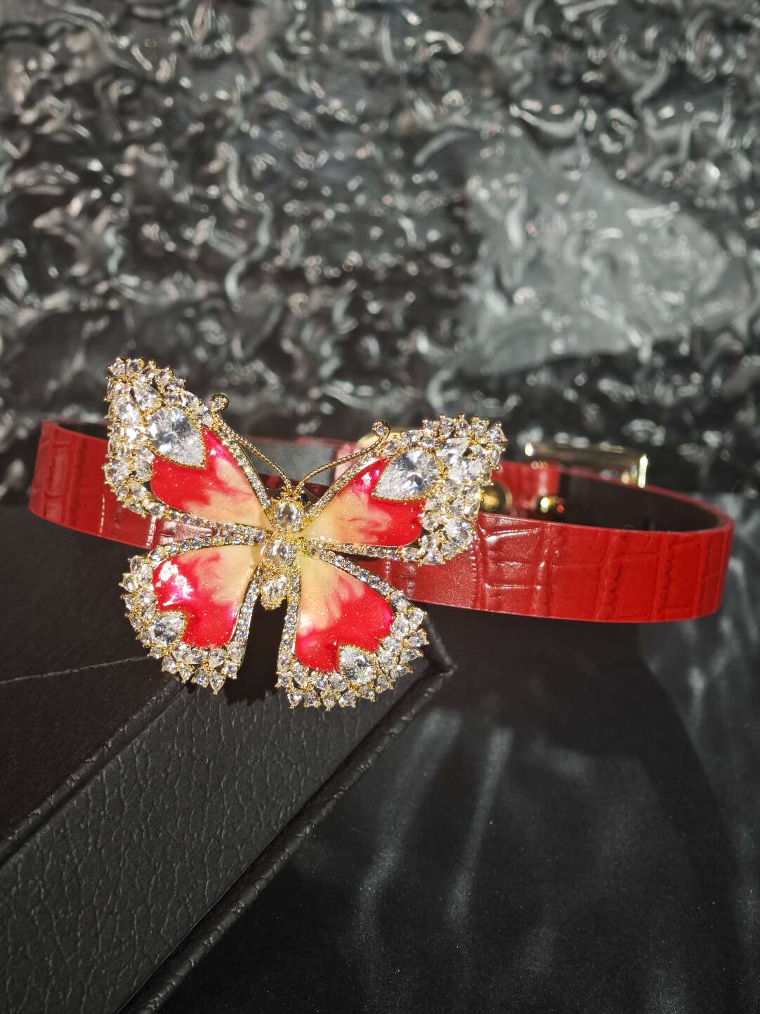Handmade Red Leather "Crimson Monarch" Crystal Butterfly Choker - Luxury Crocodile-Embossed Collar (Romantic Gift)