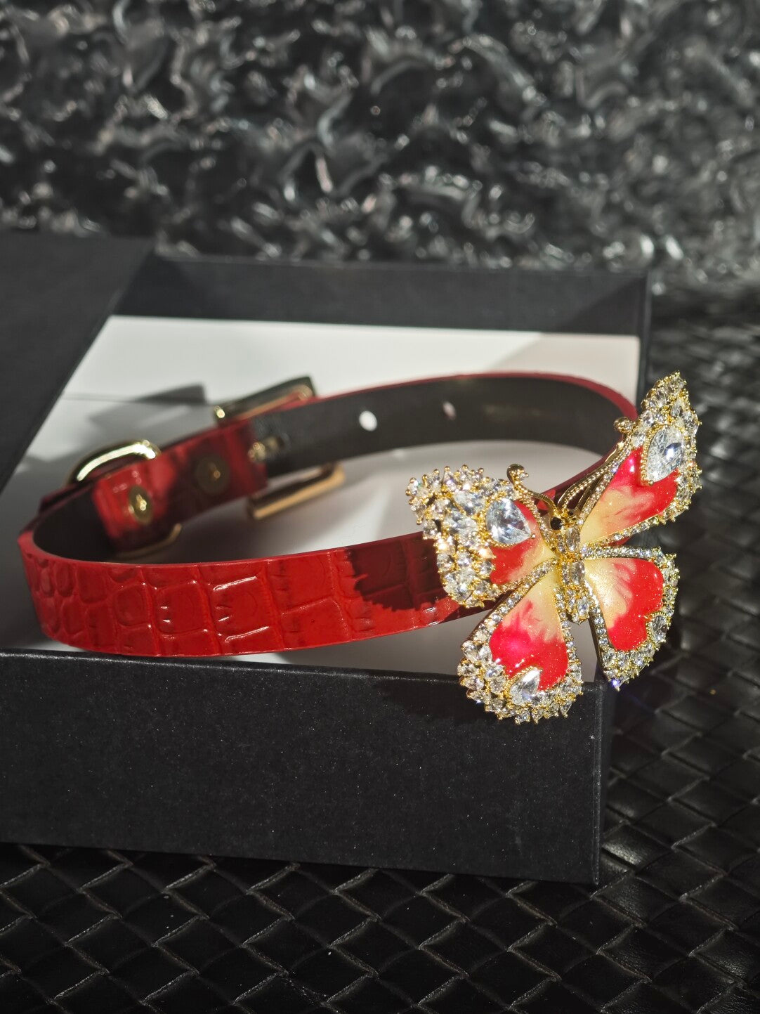 Handmade Red Leather "Crimson Monarch" Crystal Butterfly Choker - Luxury Crocodile-Embossed Collar (Romantic Gift)
