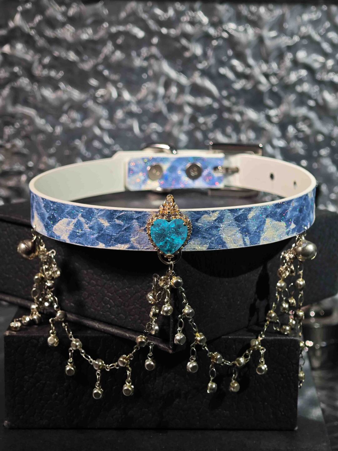 Angelcore Blue Sky Heart Choker - Genuine Leather Collar with Silver Bells & Custom Engraving | Kawaii Pastel Aesthetics