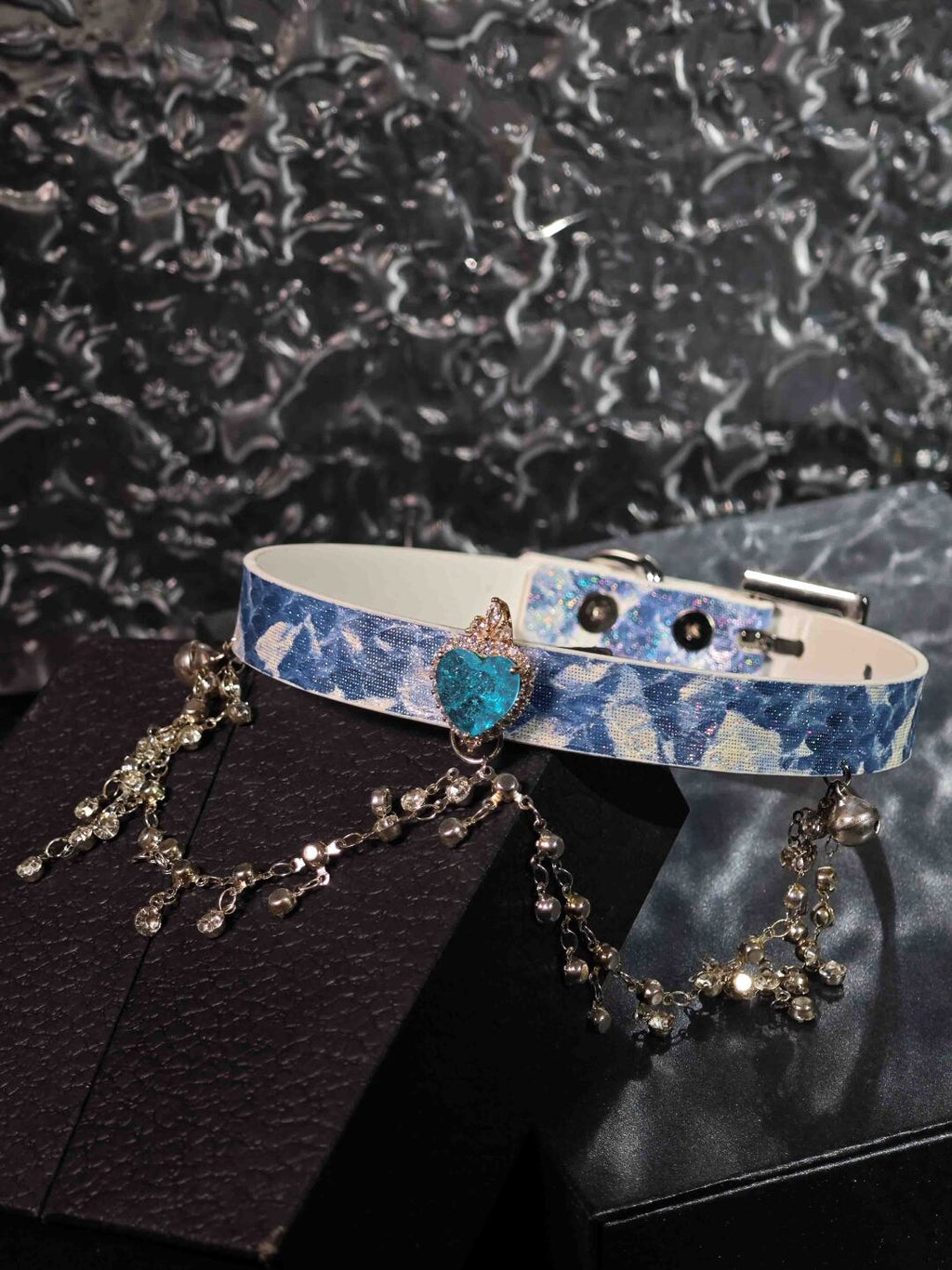 Angelcore Blue Sky Heart Choker - Genuine Leather Collar with Silver Bells & Custom Engraving | Kawaii Pastel Aesthetics
