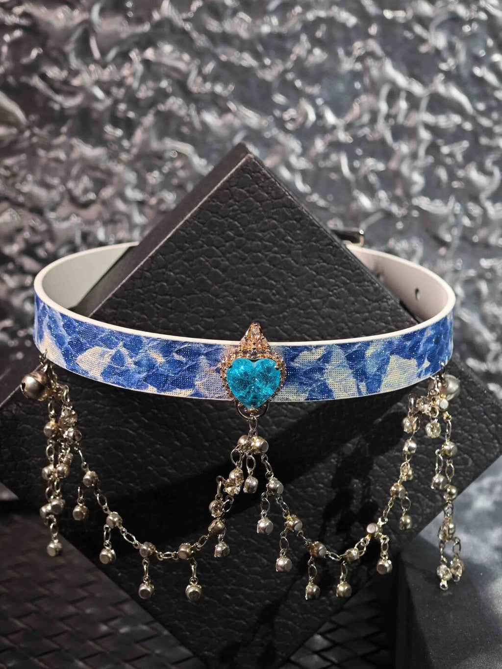 Angelcore Blue Sky Heart Choker - Genuine Leather Collar with Silver Bells & Custom Engraving | Kawaii Pastel Aesthetics