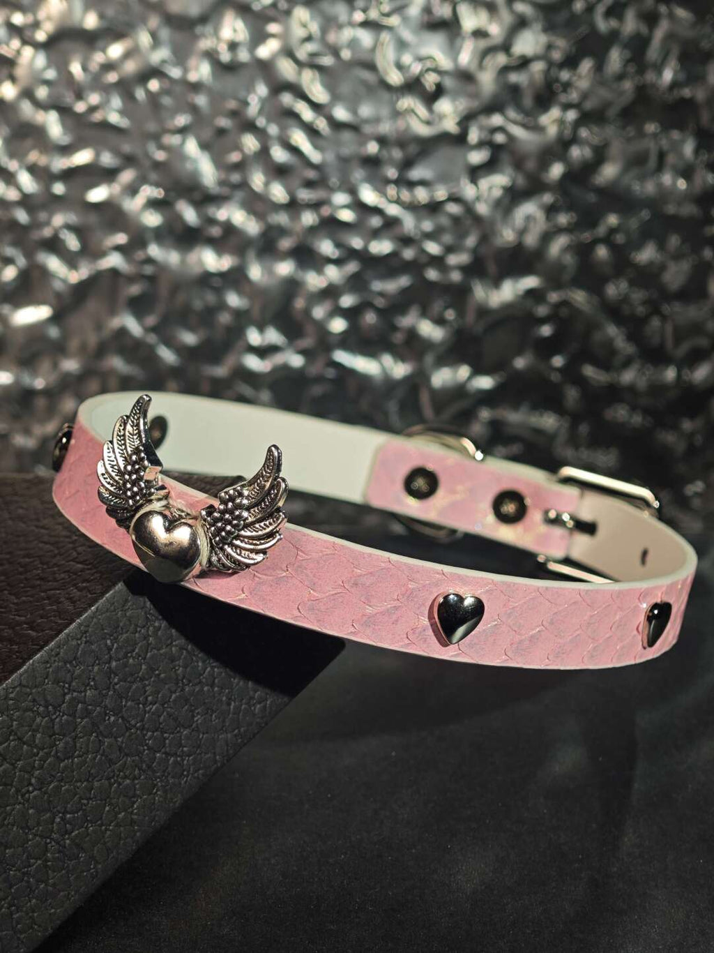 Handmade Pearlescent Pink Snake-Embossed Leather Choker - Angel Wing Heart Collar (Custom Engraving Available)