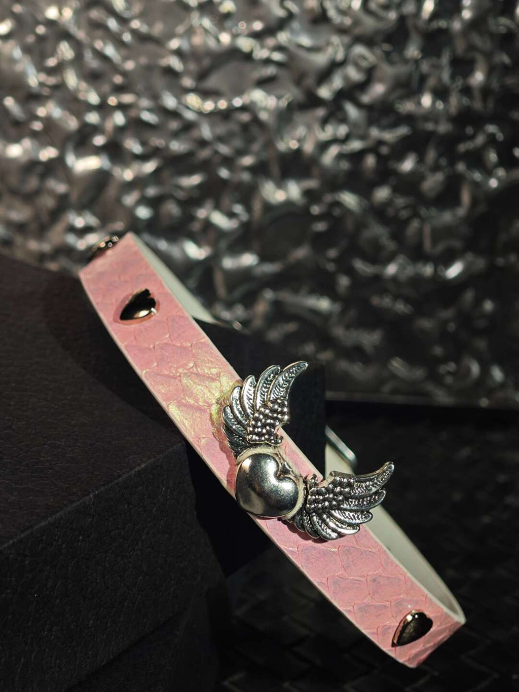 Handmade Pearlescent Pink Snake-Embossed Leather Choker - Angel Wing Heart Collar (Custom Engraving Available)