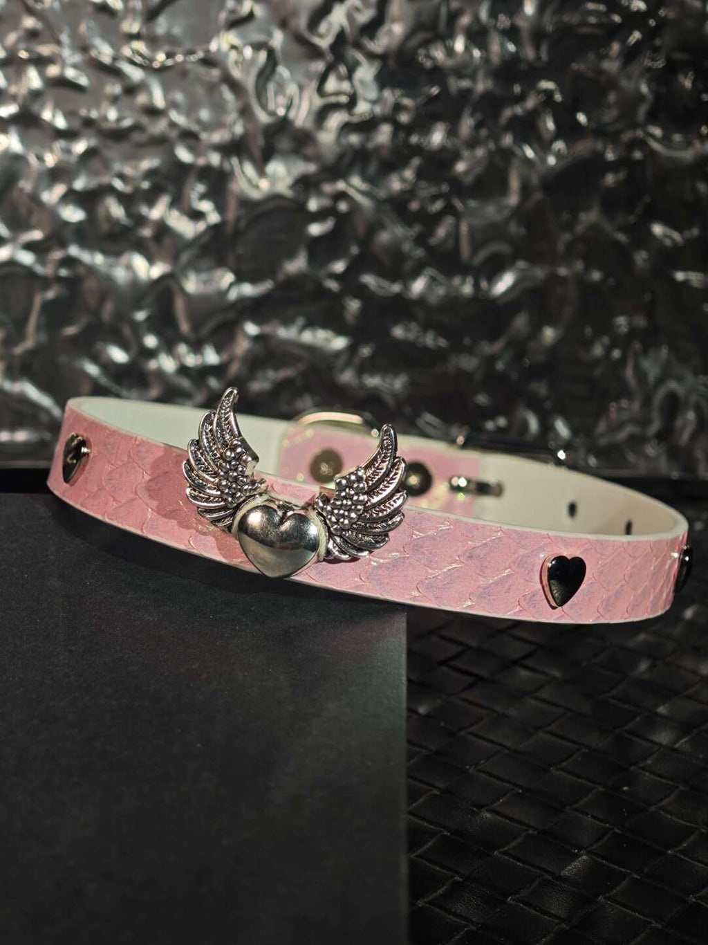 Handmade Pearlescent Pink Snake-Embossed Leather Choker - Angel Wing Heart Collar (Custom Engraving Available)