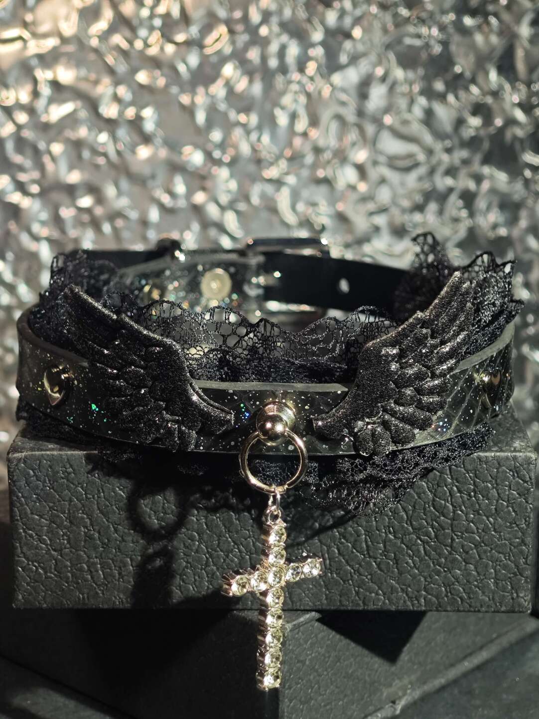 Gothic Fallen Angel Choker - Black Wings & Crystal Cross Lace Collar | Starry Night Leather Necklace