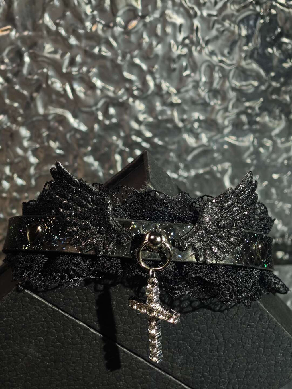 Gothic Fallen Angel Choker - Black Wings & Crystal Cross Lace Collar | Starry Night Leather Necklace