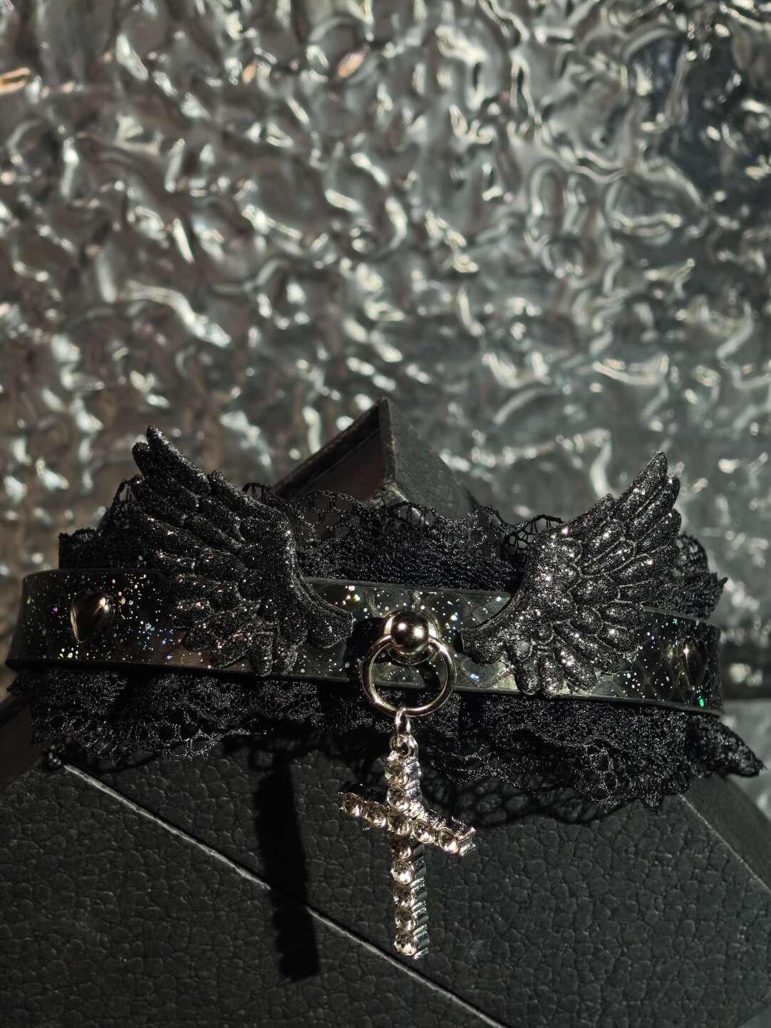 Gothic Fallen Angel Choker - Black Wings & Crystal Cross Lace Collar | Starry Night Leather Necklace