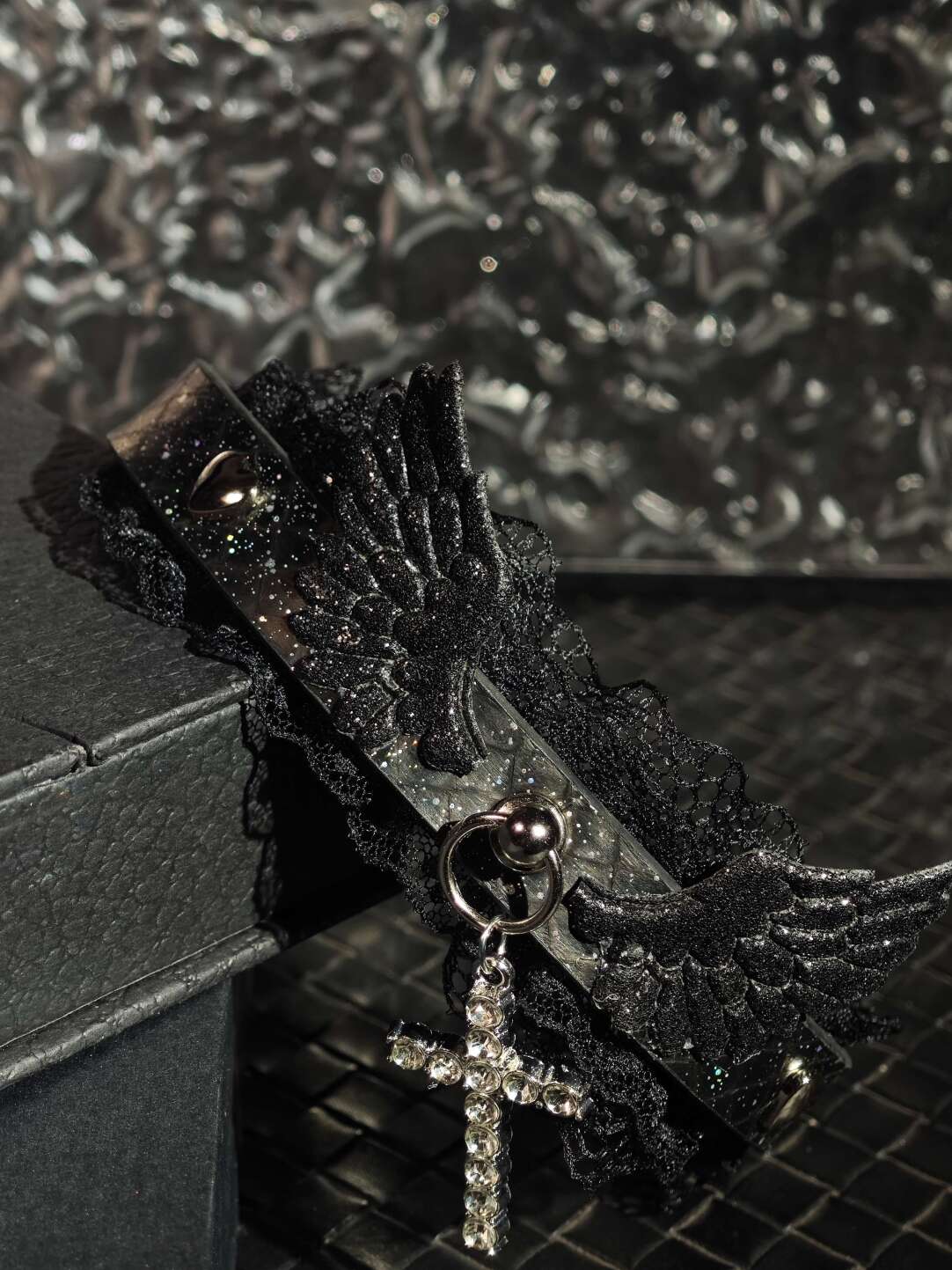 Gothic Fallen Angel Choker - Black Wings & Crystal Cross Lace Collar | Starry Night Leather Necklace