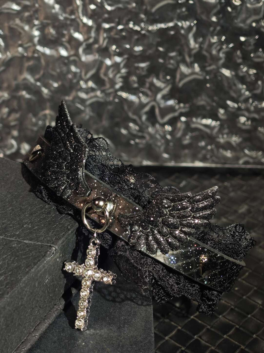 Gothic Fallen Angel Choker - Black Wings & Crystal Cross Lace Collar | Starry Night Leather Necklace