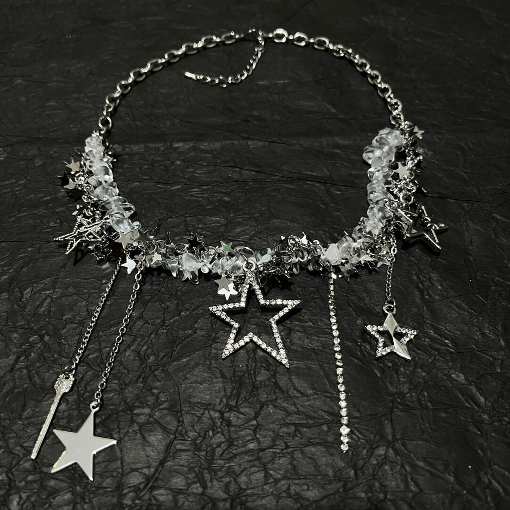 Y2K Acubi Messy Chain Star Tassel Choker - Clear Crystal Cyber Fairy Grunge Necklace