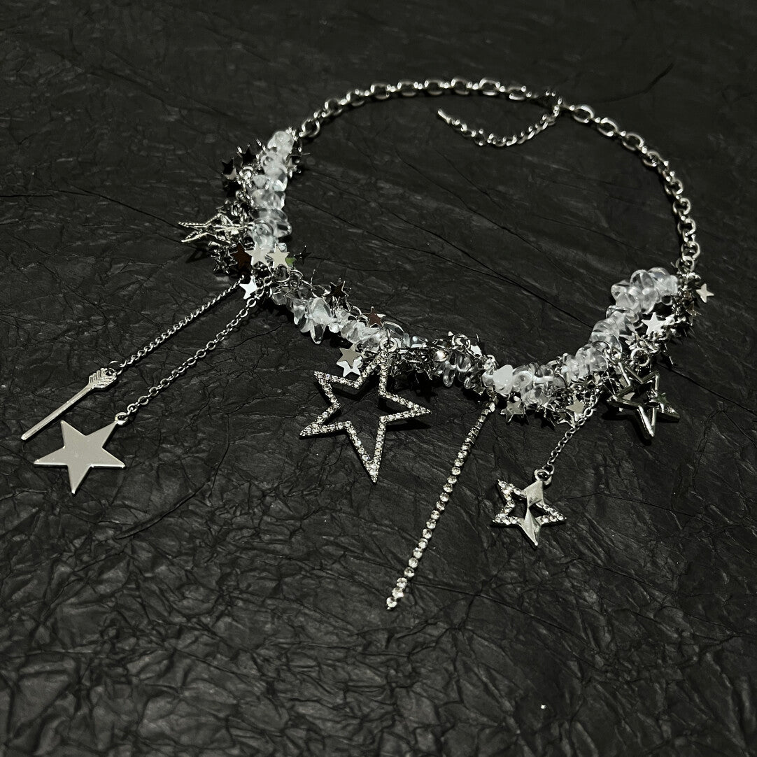 Y2K Acubi Messy Chain Star Tassel Choker - Clear Crystal Cyber Fairy Grunge Necklace