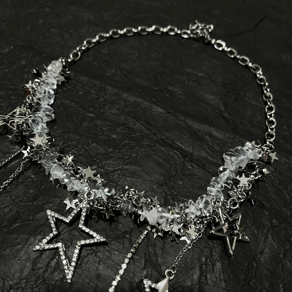 Y2K Acubi Messy Chain Star Tassel Choker - Clear Crystal Cyber Fairy Grunge Necklace