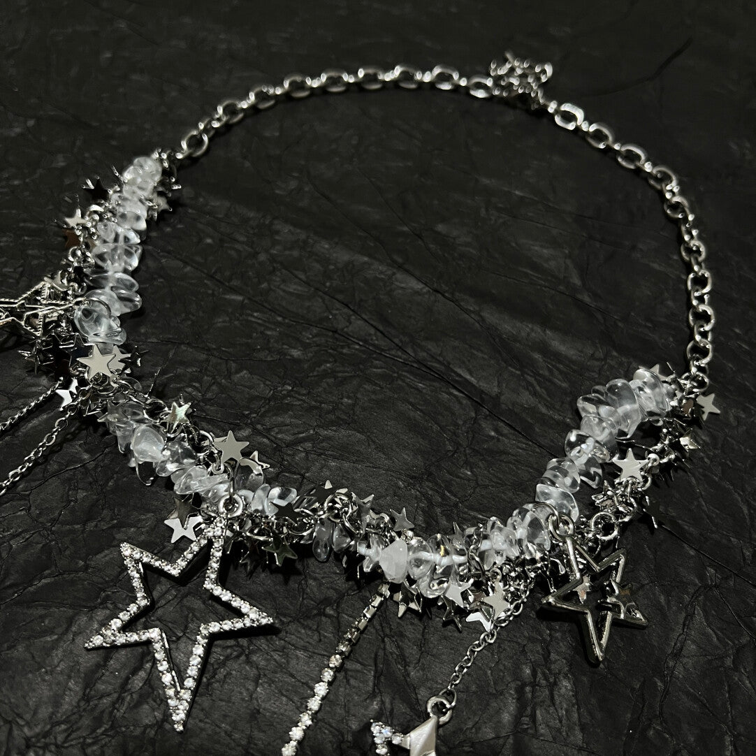 Y2K Acubi Messy Chain Star Tassel Choker - Clear Crystal Cyber Fairy Grunge Necklace