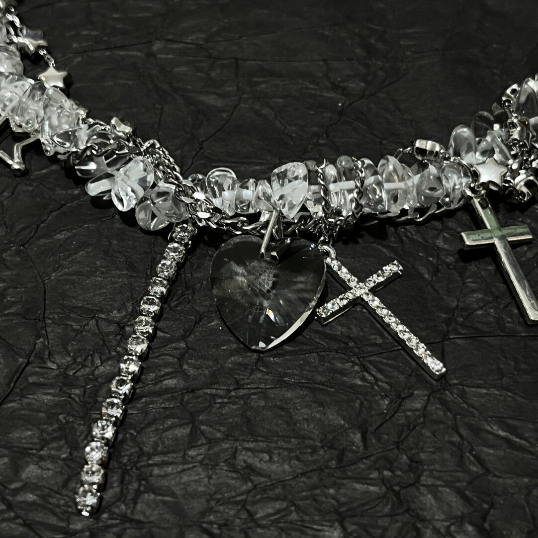 Y2K Acubi Aesthetic Clear Crystal Heart Cross Necklace - Cyber Fairy Star Tassel Choker