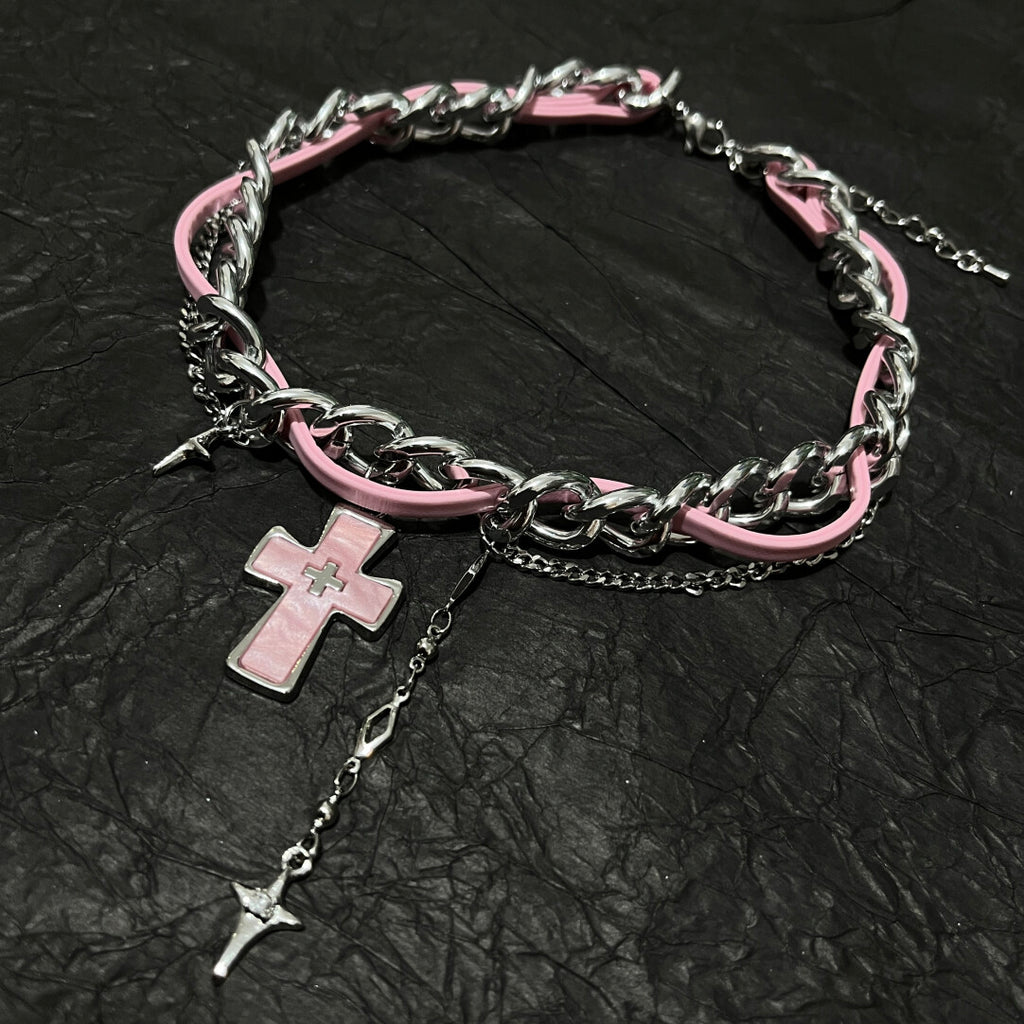 Y2K Pastel Goth Pink Cross Chain Choker - Sweet Cool Leather Necklace with Silver Tassels