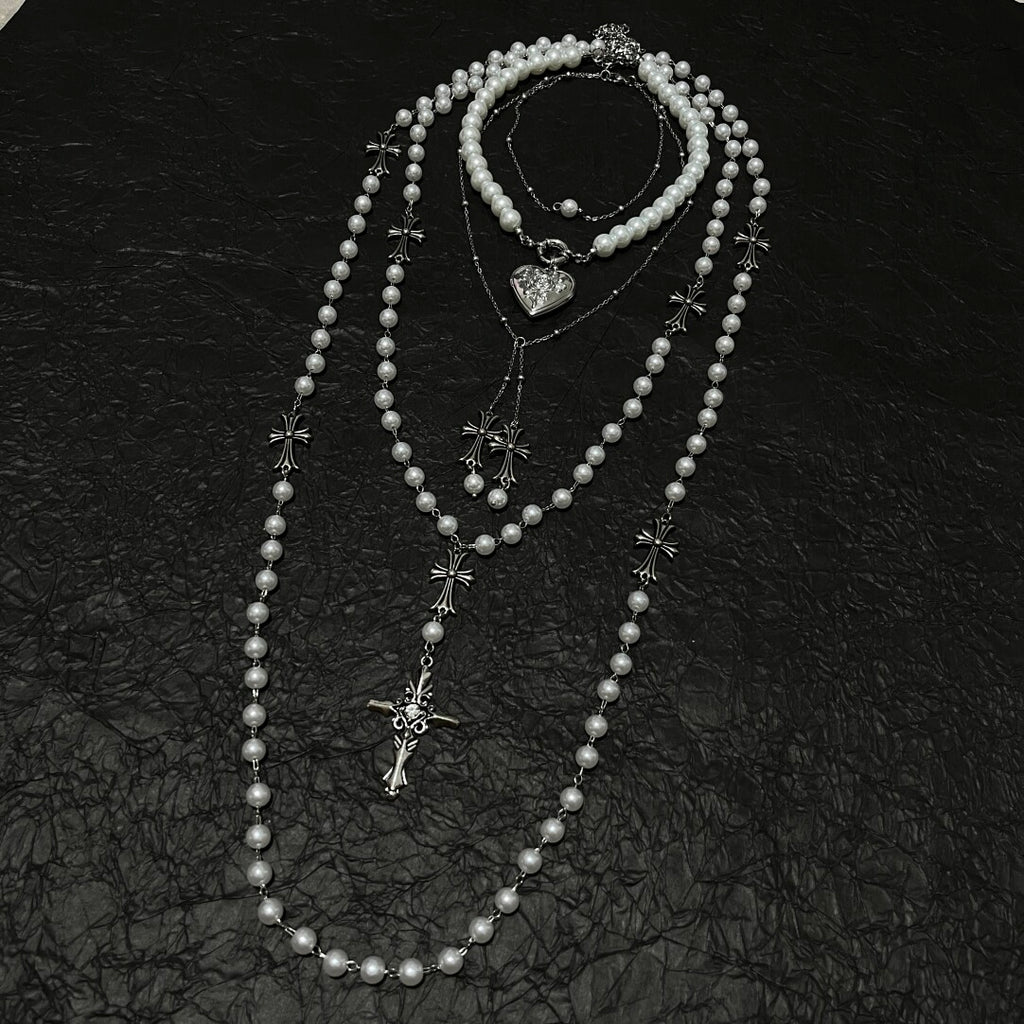 French Vintage 4-Piece Layered Pearl Rosary Necklace Set - Gothic Heart & Cross Charms (Coquette Aesthetic)