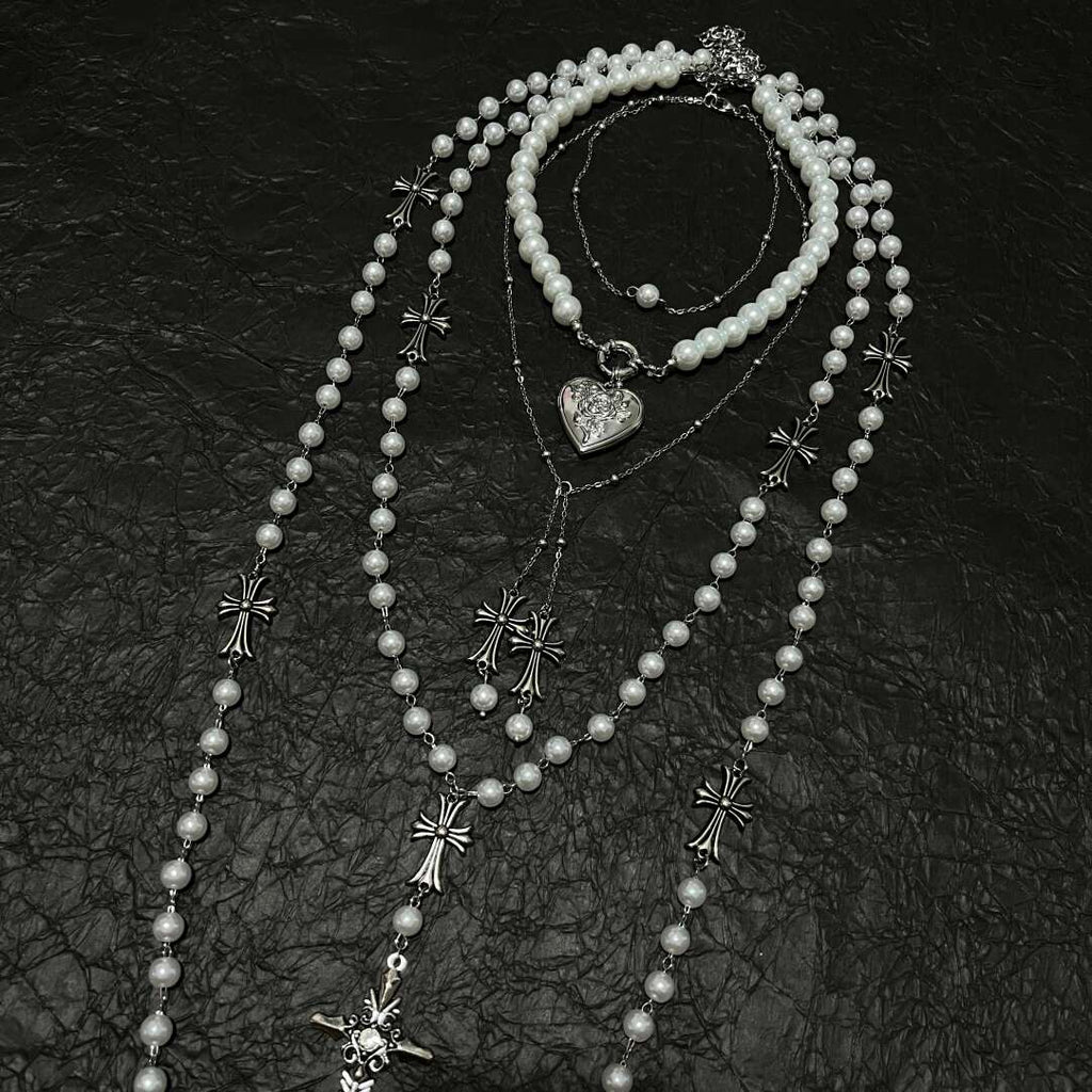 French Vintage 4-Piece Layered Pearl Rosary Necklace Set - Gothic Heart & Cross Charms (Coquette Aesthetic)