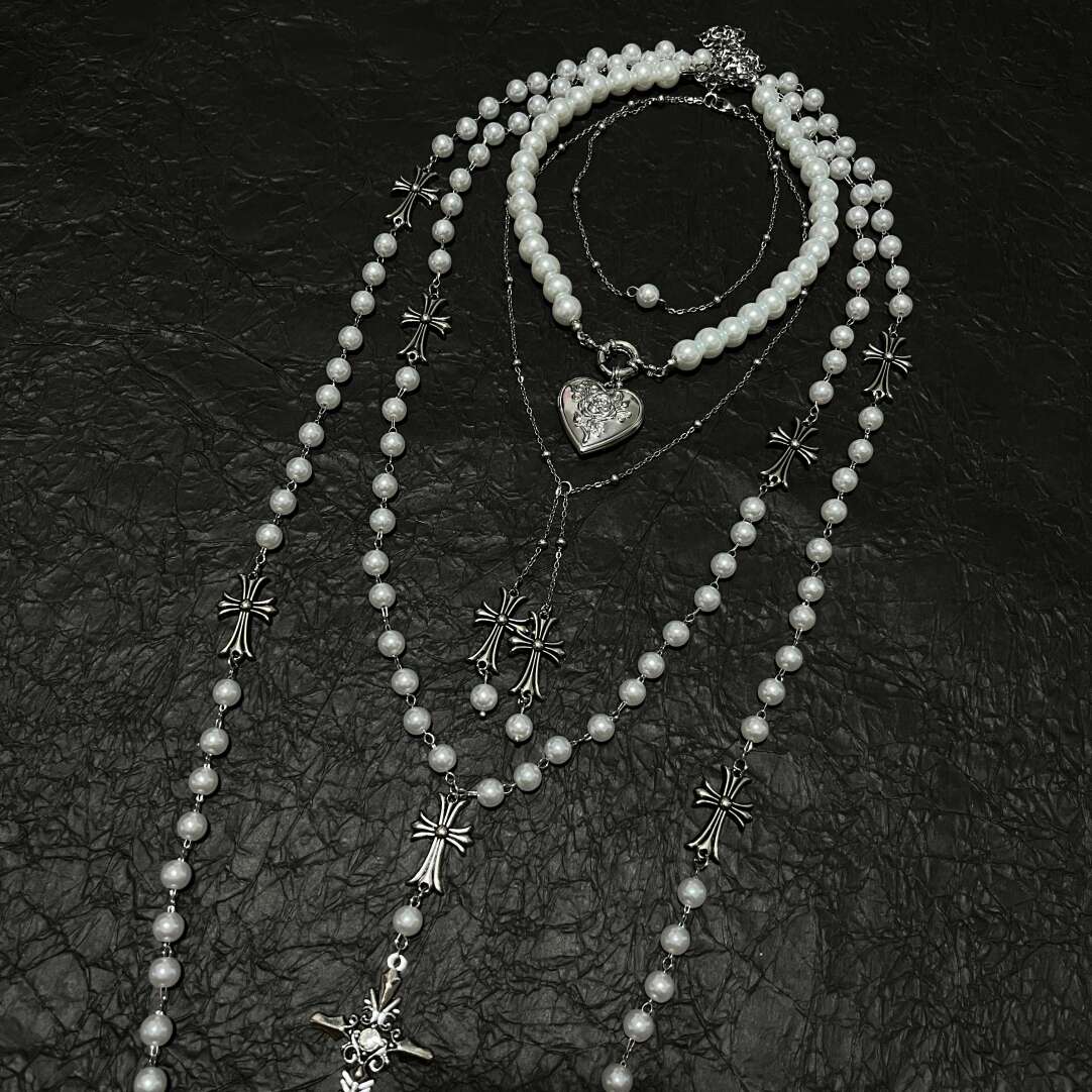 French Vintage 4-Piece Layered Pearl Rosary Necklace Set - Gothic Heart & Cross Charms (Coquette Aesthetic)