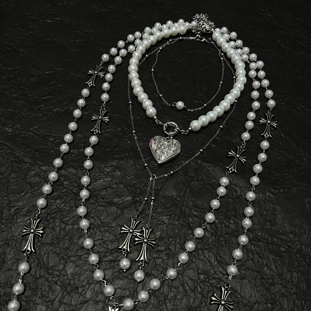 French Vintage 4-Piece Layered Pearl Rosary Necklace Set - Gothic Heart & Cross Charms (Coquette Aesthetic)