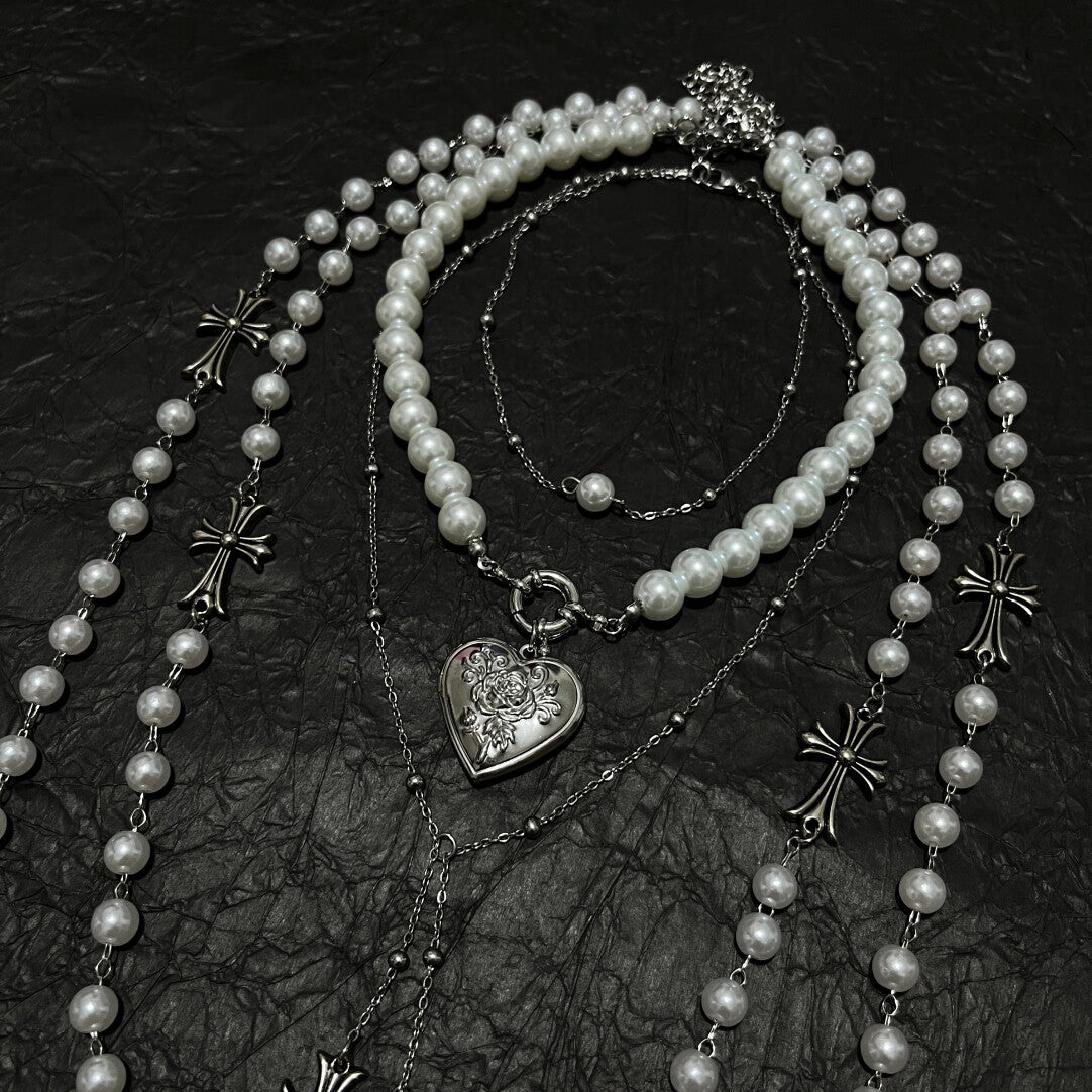 French Vintage 4-Piece Layered Pearl Rosary Necklace Set - Gothic Heart & Cross Charms (Coquette Aesthetic)