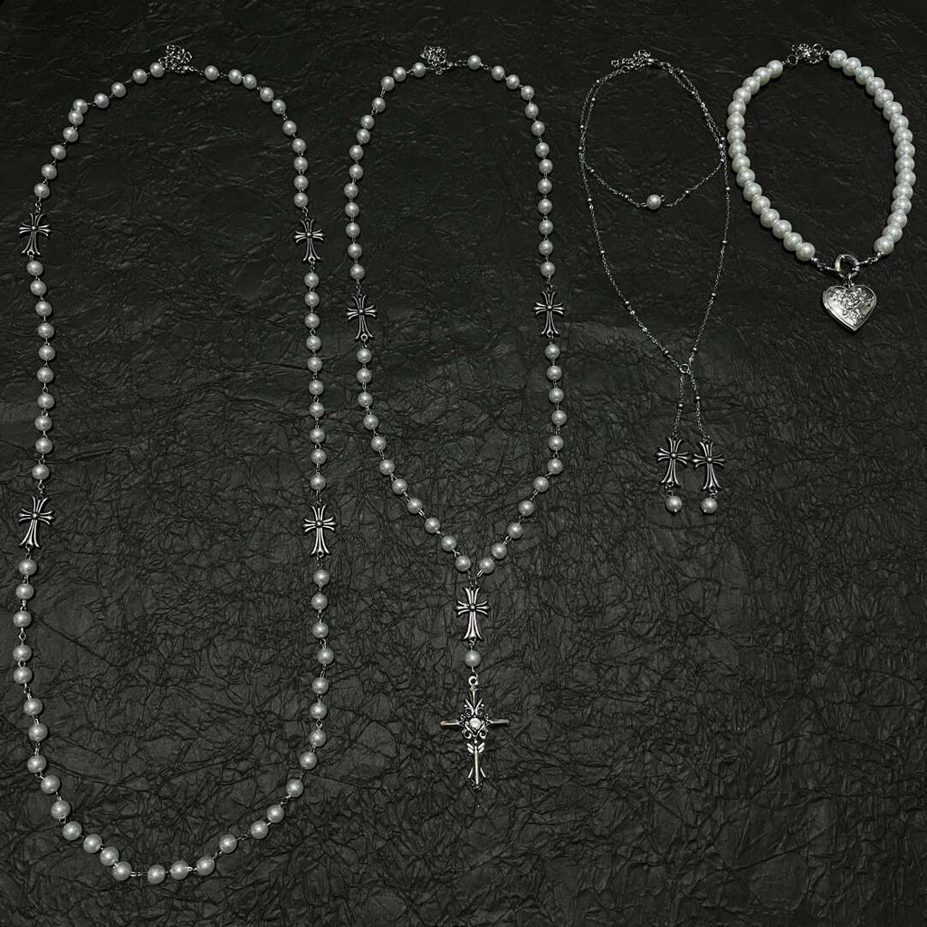 French Vintage 4-Piece Layered Pearl Rosary Necklace Set - Gothic Heart & Cross Charms (Coquette Aesthetic)