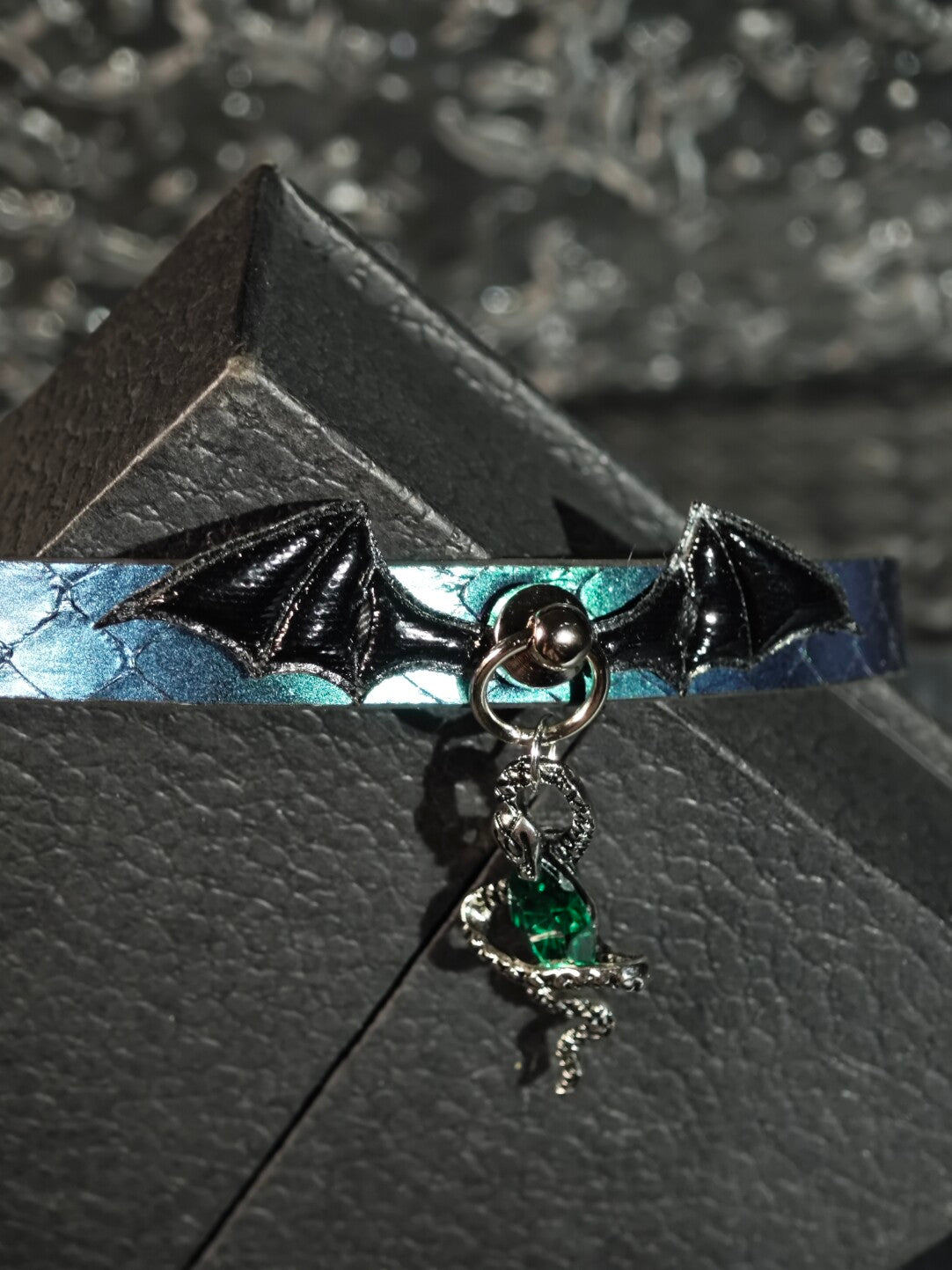 Gothic Bat Wing & Snake Charm Choker | Handmade Custom Faux Leather Collar with Green Gem