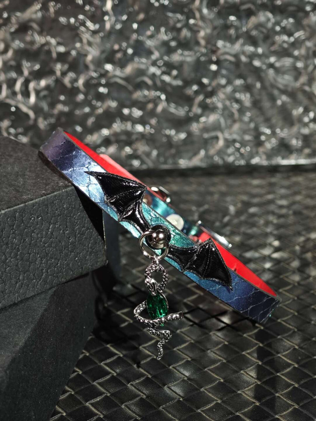 Gothic Bat Wing & Snake Charm Choker | Handmade Custom Faux Leather Collar with Green Gem