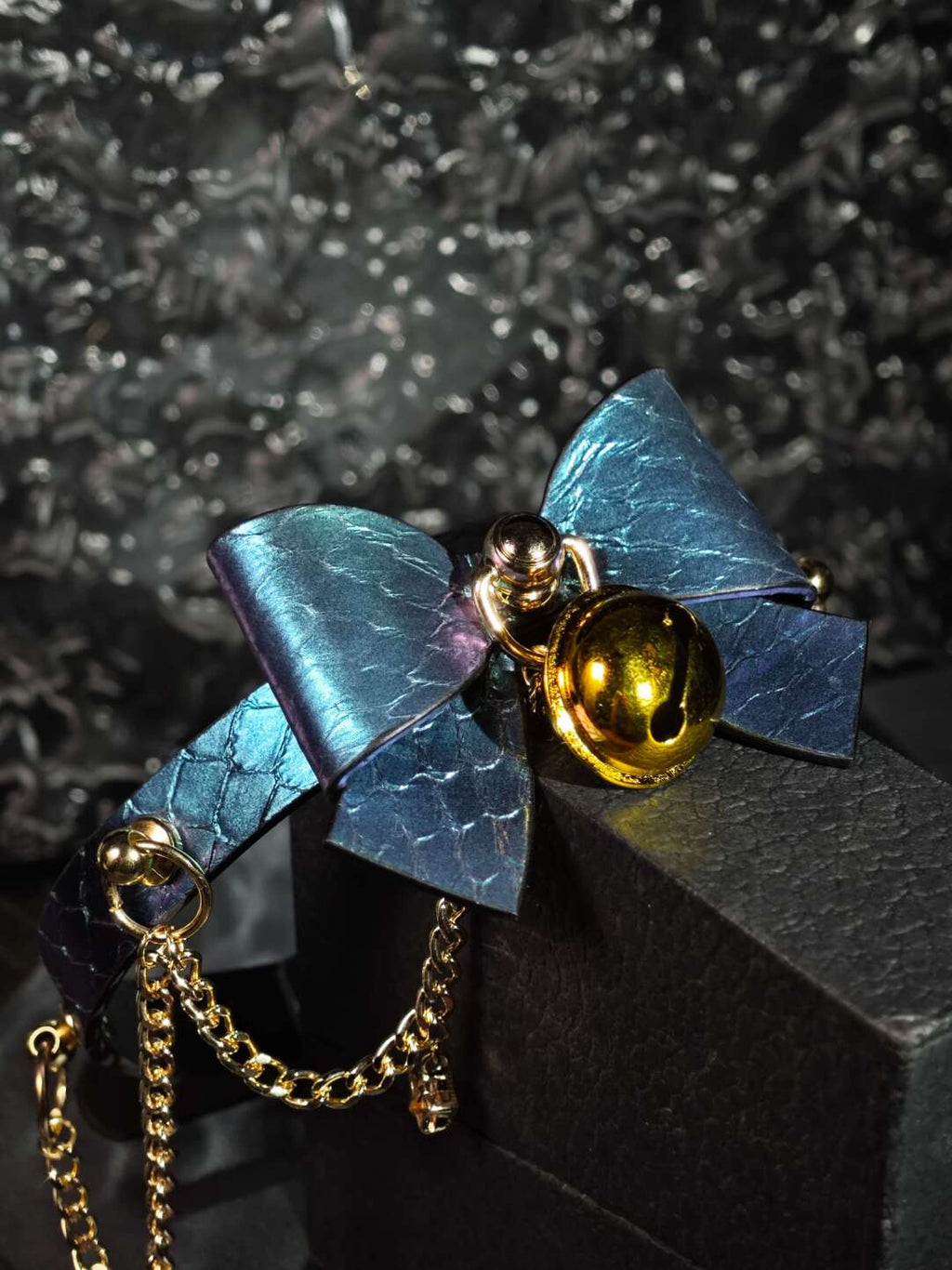 Celestial Nebula Bow Choker | Iridescent Blue-Purple Dragon Scale Leather Collar with Gold Bell & Star Chains