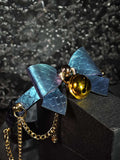 Celestial Nebula Bow Choker | Iridescent Blue-Purple Dragon Scale Leather Collar with Gold Bell & Star Chains
