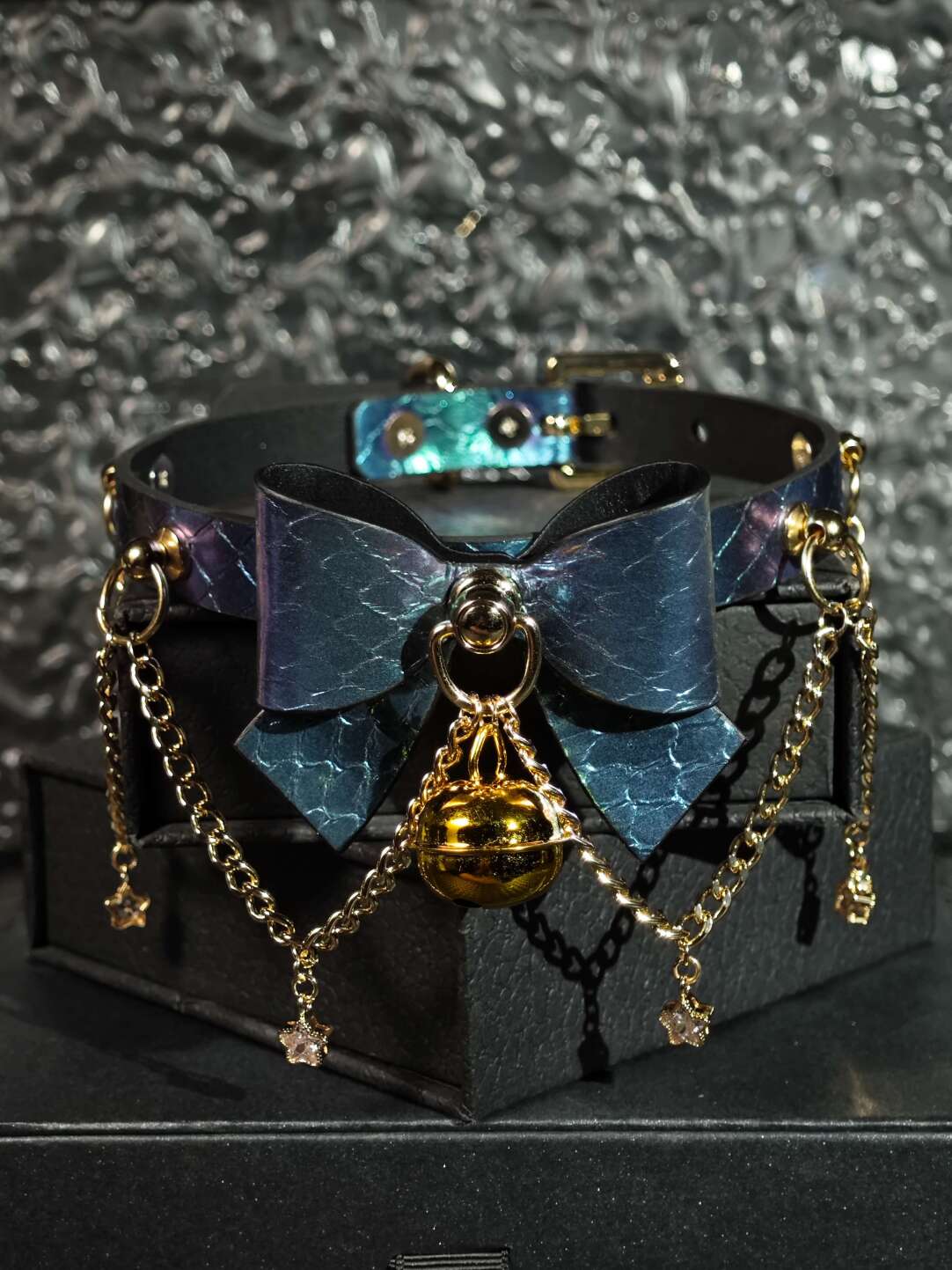 Celestial Nebula Bow Choker | Iridescent Blue-Purple Dragon Scale Leather Collar with Gold Bell & Star Chains