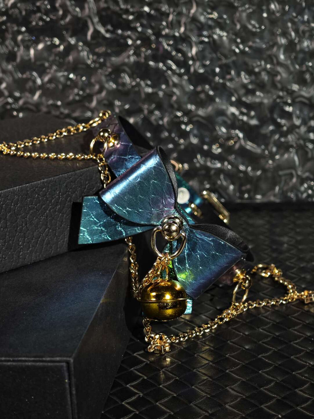 Celestial Nebula Bow Choker | Iridescent Blue-Purple Dragon Scale Leather Collar with Gold Bell & Star Chains