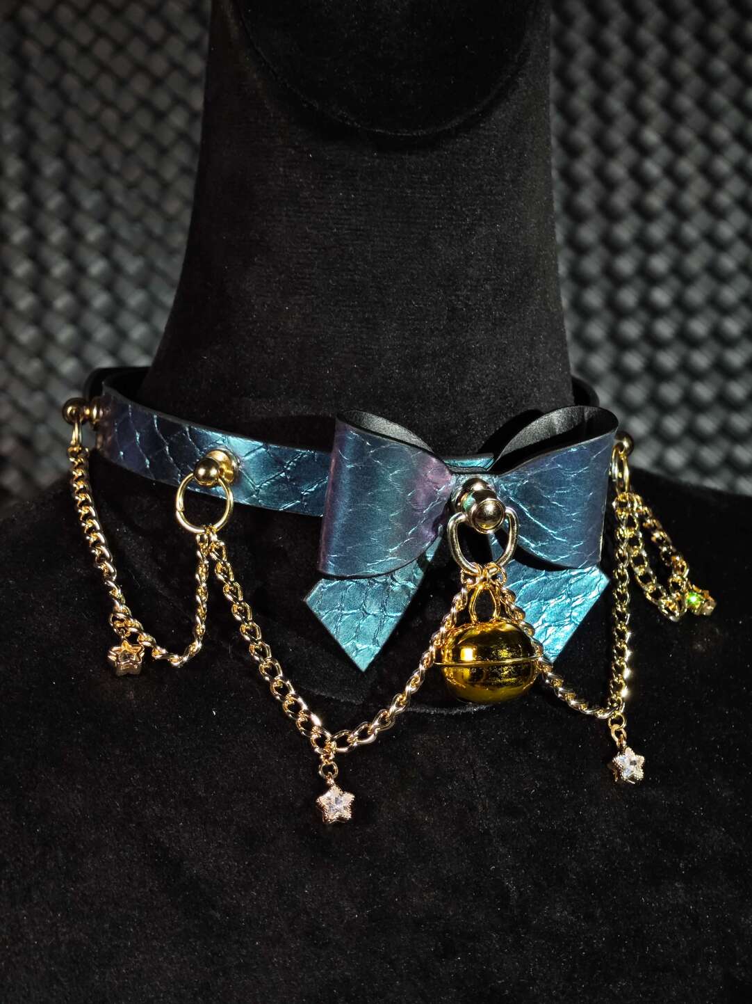Celestial Nebula Bow Choker | Iridescent Blue-Purple Dragon Scale Leather Collar with Gold Bell & Star Chains
