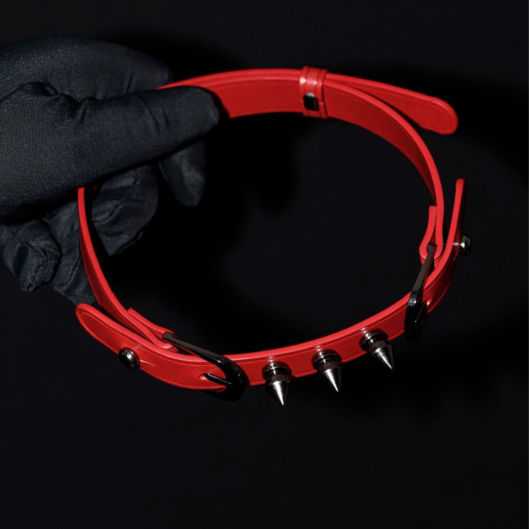 Spike Trap Red Italian Buttero Leather Choker - Gothic Punk Spiked Collar