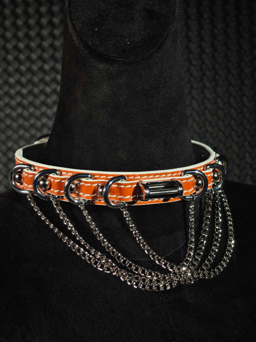 Luxury Saddle Orange Genuine Leather Choker | Heavy Silver Chain D-Ring Collar | High-Fashion Punk Jewelry (Handmade)