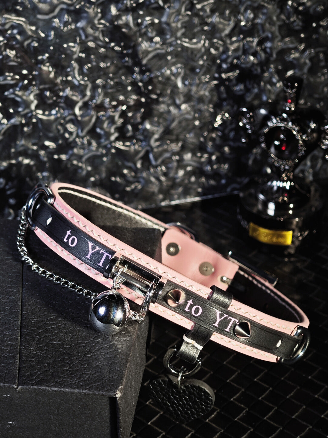 Custom Text Puppy Choker - Pink & Black Genuine Leather Collar with Bell, Spikes & Chain | Pastel Goth Pet Play Necklace