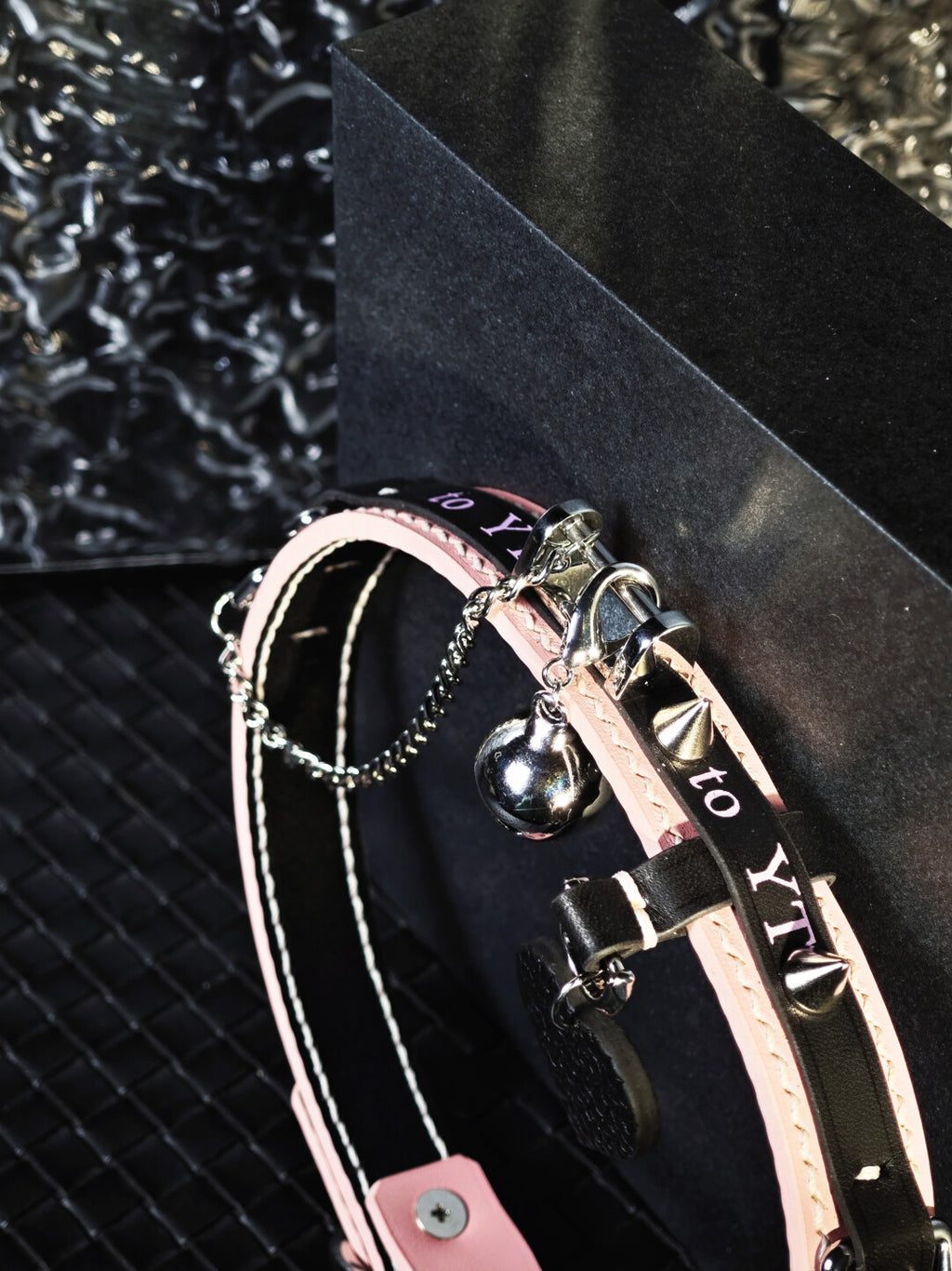 Custom Text Puppy Choker - Pink & Black Genuine Leather Collar with Bell, Spikes & Chain | Pastel Goth Pet Play Necklace
