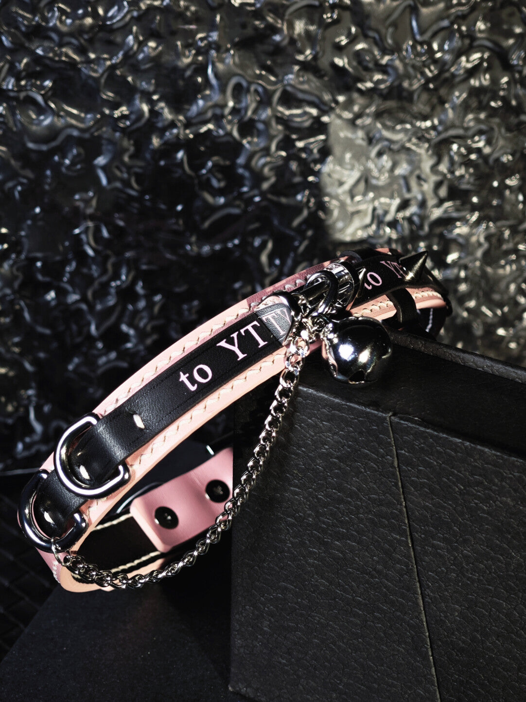 Custom Text Puppy Choker - Pink & Black Genuine Leather Collar with Bell, Spikes & Chain | Pastel Goth Pet Play Necklace
