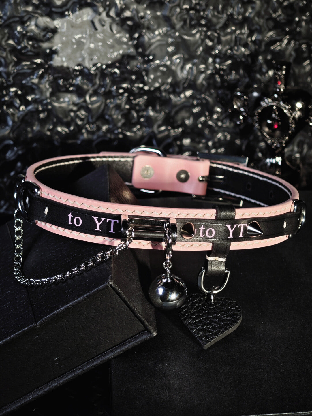 Custom Text Puppy Choker - Pink & Black Genuine Leather Collar with Bell, Spikes & Chain | Pastel Goth Pet Play Necklace