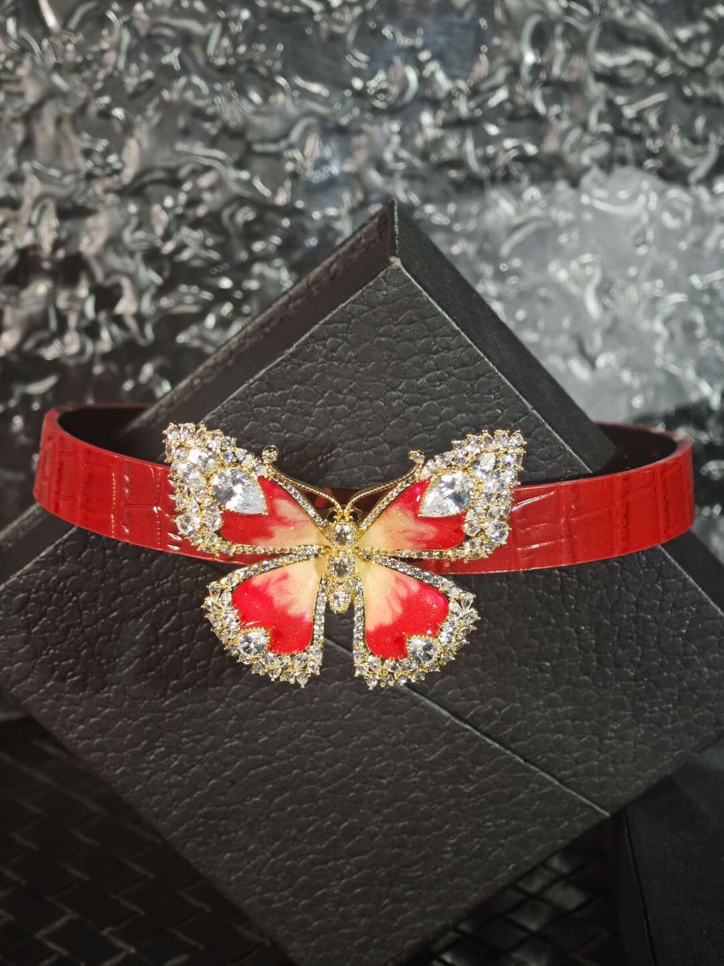 Handmade Red Leather "Crimson Monarch" Crystal Butterfly Choker - Luxury Crocodile-Embossed Collar (Romantic Gift)