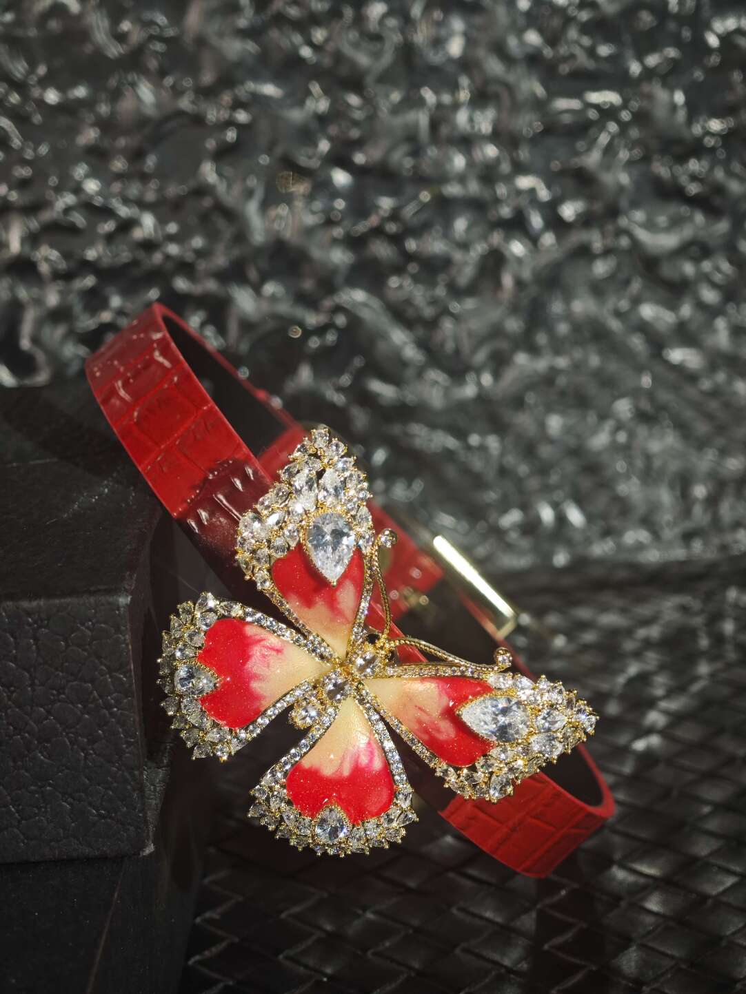 Handmade Red Leather "Crimson Monarch" Crystal Butterfly Choker - Luxury Crocodile-Embossed Collar (Romantic Gift)