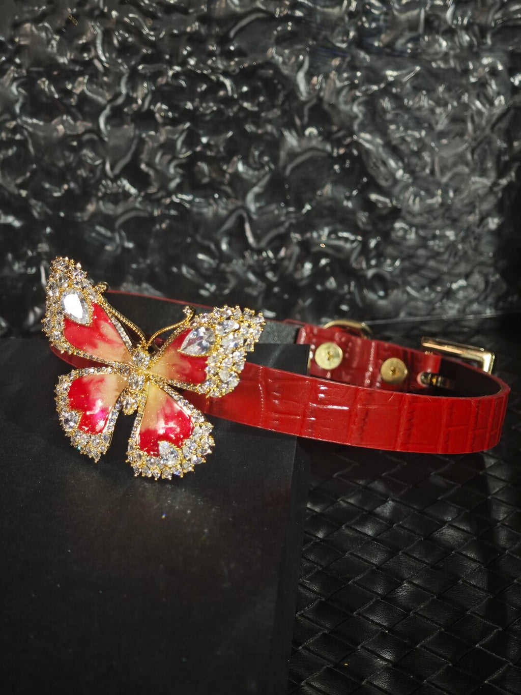 Handmade Red Leather "Crimson Monarch" Crystal Butterfly Choker - Luxury Crocodile-Embossed Collar (Romantic Gift)