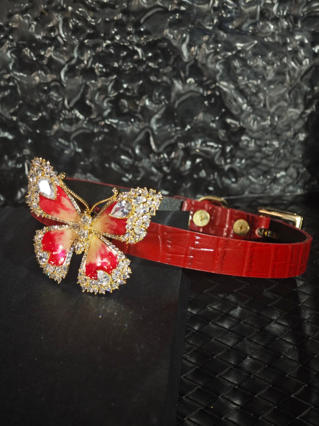 Handmade Red Leather "Crimson Monarch" Crystal Butterfly Choker - Luxury Crocodile-Embossed Collar (Romantic Gift)