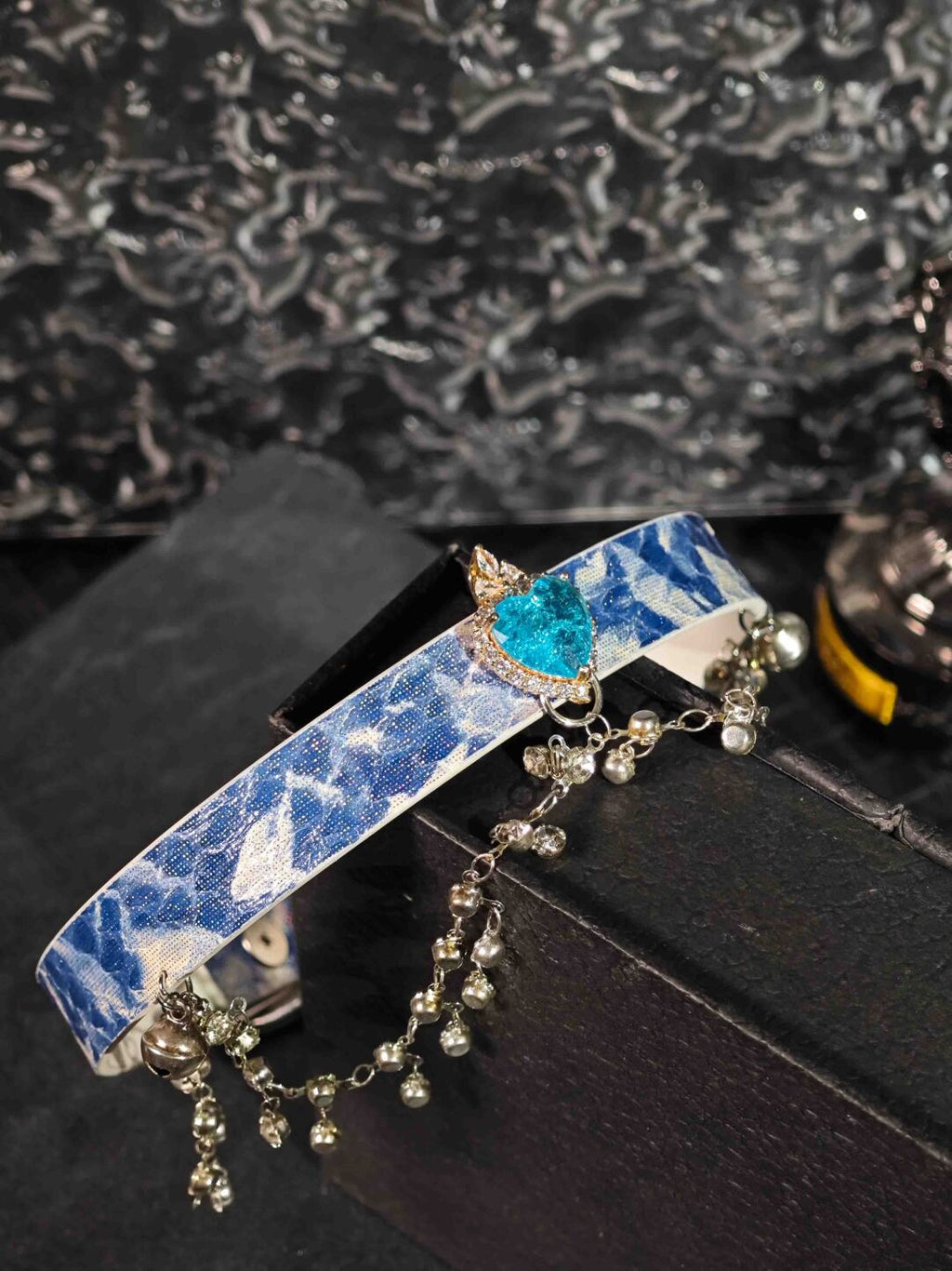 Angelcore Blue Sky Heart Choker - Genuine Leather Collar with Silver Bells & Custom Engraving | Kawaii Pastel Aesthetics