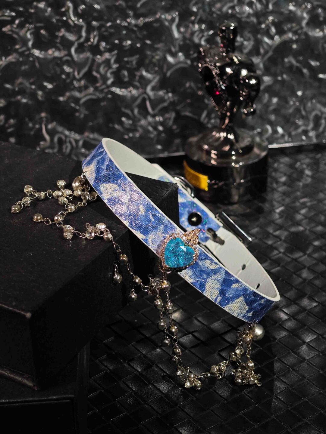 Angelcore Blue Sky Heart Choker - Genuine Leather Collar with Silver Bells & Custom Engraving | Kawaii Pastel Aesthetics