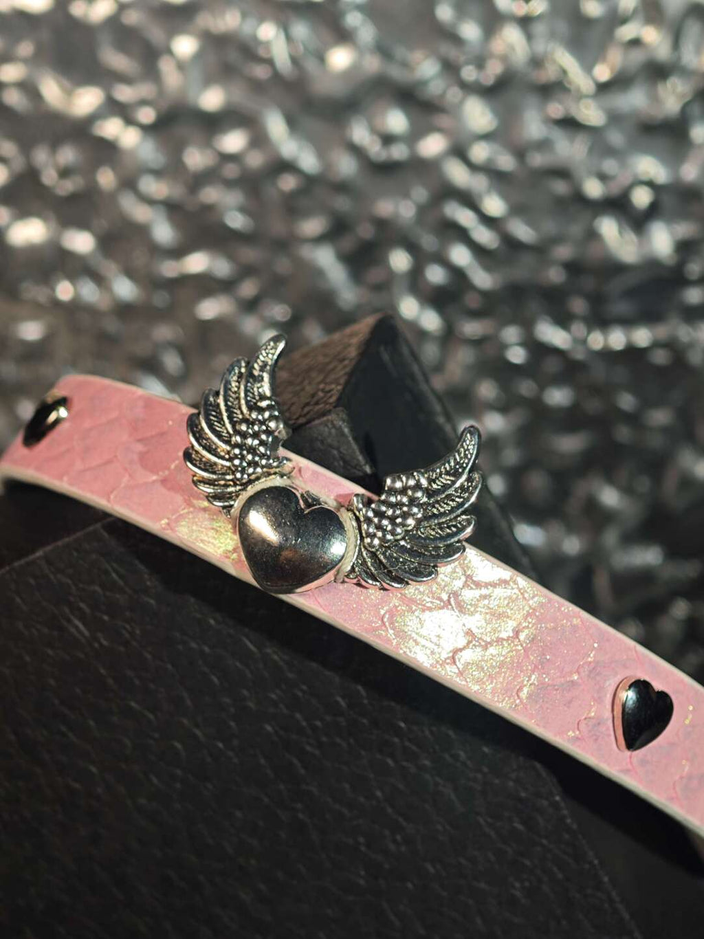 Handmade Pearlescent Pink Snake-Embossed Leather Choker - Angel Wing Heart Collar (Custom Engraving Available)