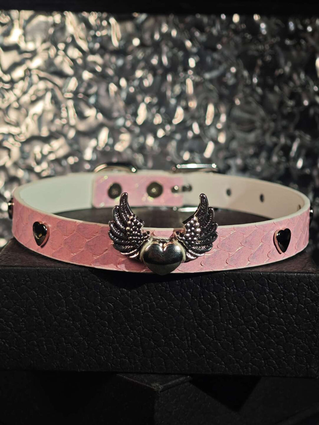 Handmade Pearlescent Pink Snake-Embossed Leather Choker - Angel Wing Heart Collar (Custom Engraving Available)