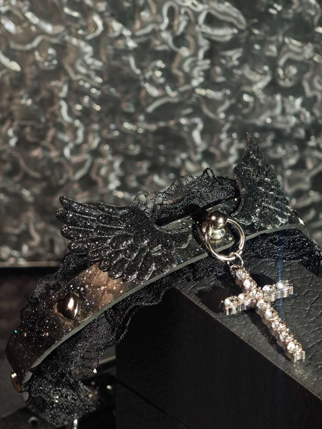 Gothic Fallen Angel Choker - Black Wings & Crystal Cross Lace Collar | Starry Night Leather Necklace